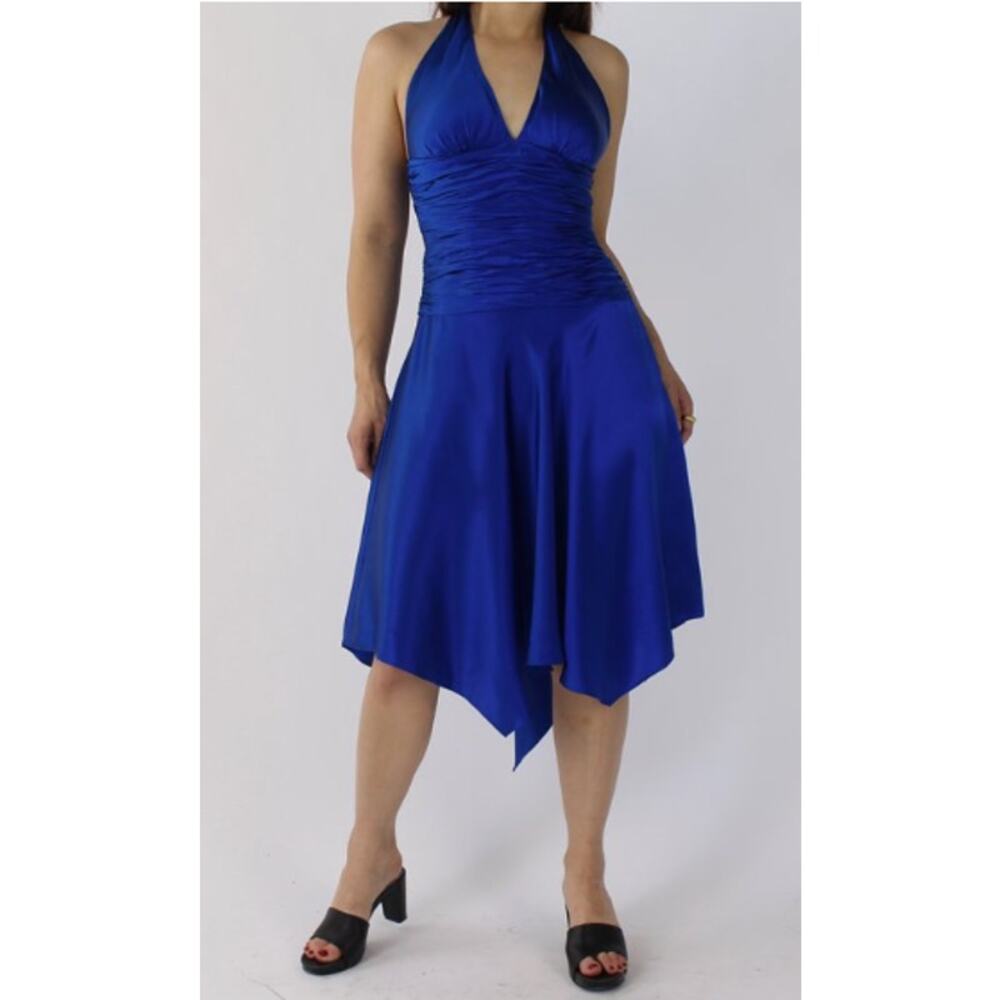 Cache Dress Women Sz 8 Cobalt Blue Halter Backless Silk Asymmetric V-Neck Formal - Picture 2 of 12